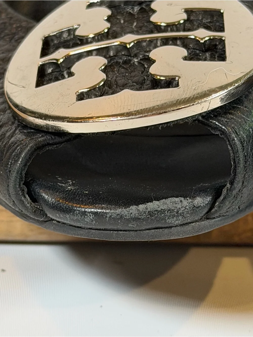 Tory Burch Black Leather Peep-Toe Wedge with Logo Medallion Sz 6?
